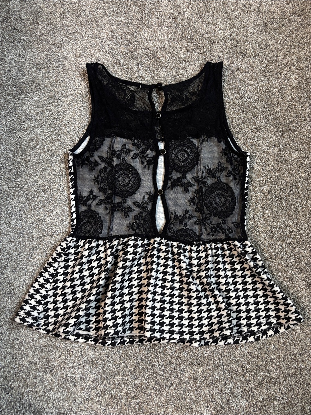 Black & White Houndstooth  Back Lace Peplum Top
